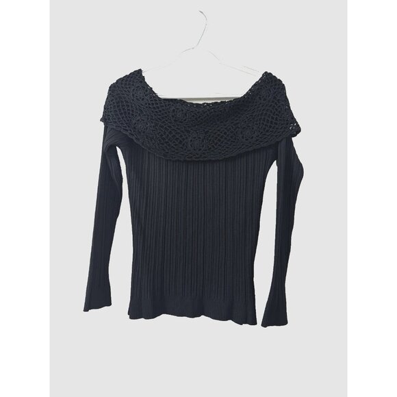 Cabo Ribbed L Black Crochet Blouse Long Sleeve Whimsigoth Fairy Grunge Romantic - Picture 1 of 5